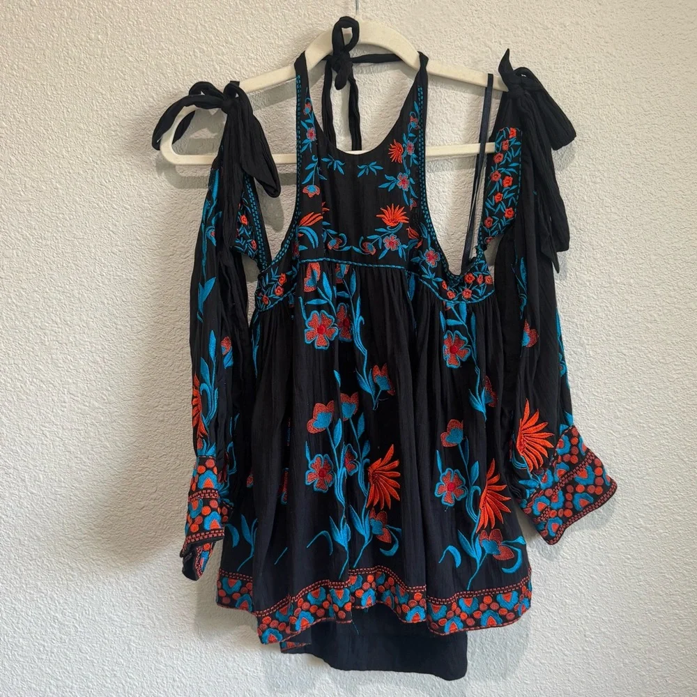 Free People Jasmine Blooms Embroidered Top Womens XS Boho Floral Hippie Colorful